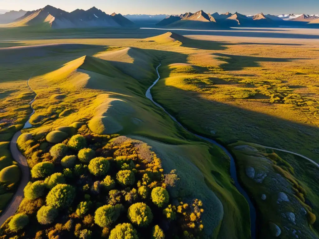 Detalle de la vegetación en la vasta tundra, con montañas nevadas al fondo