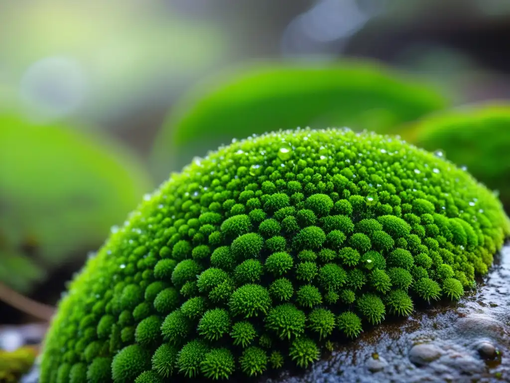 Detalle de musgo verde en roca, reflejando colonización de ecosistemas por especies pioneras