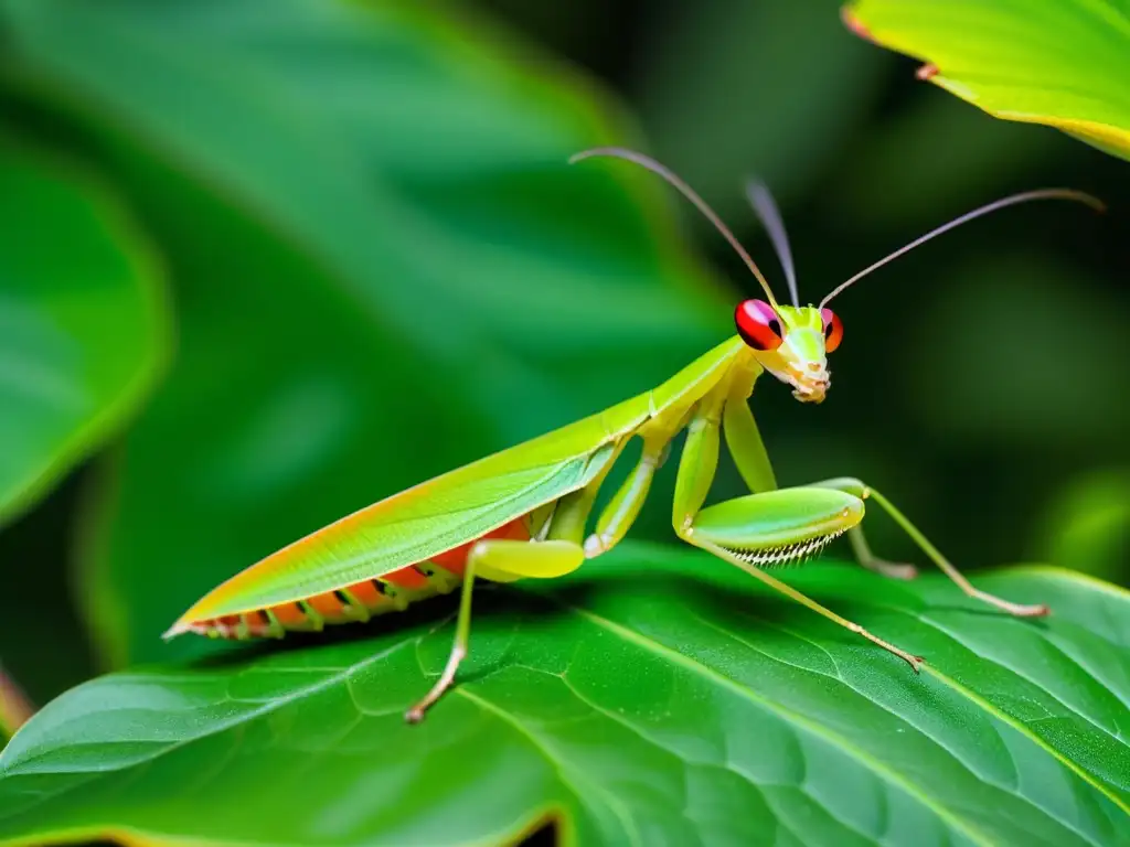 Detalle de una mantis orquídea verde vibrante mimetizándose con una hoja tropical