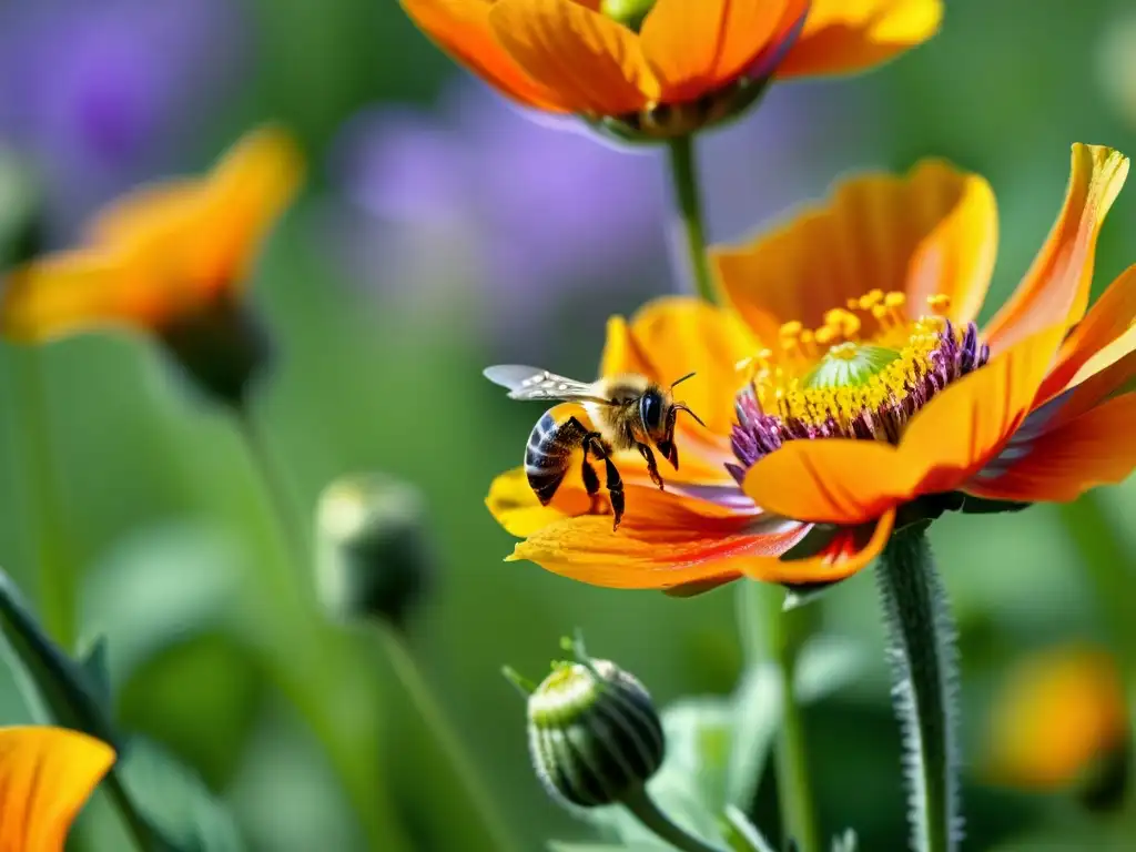 Detalle vibrante: Abeja polinizando flores silvestres, resaltando la importancia de las abejas en la polinización de alimentos orgánicos