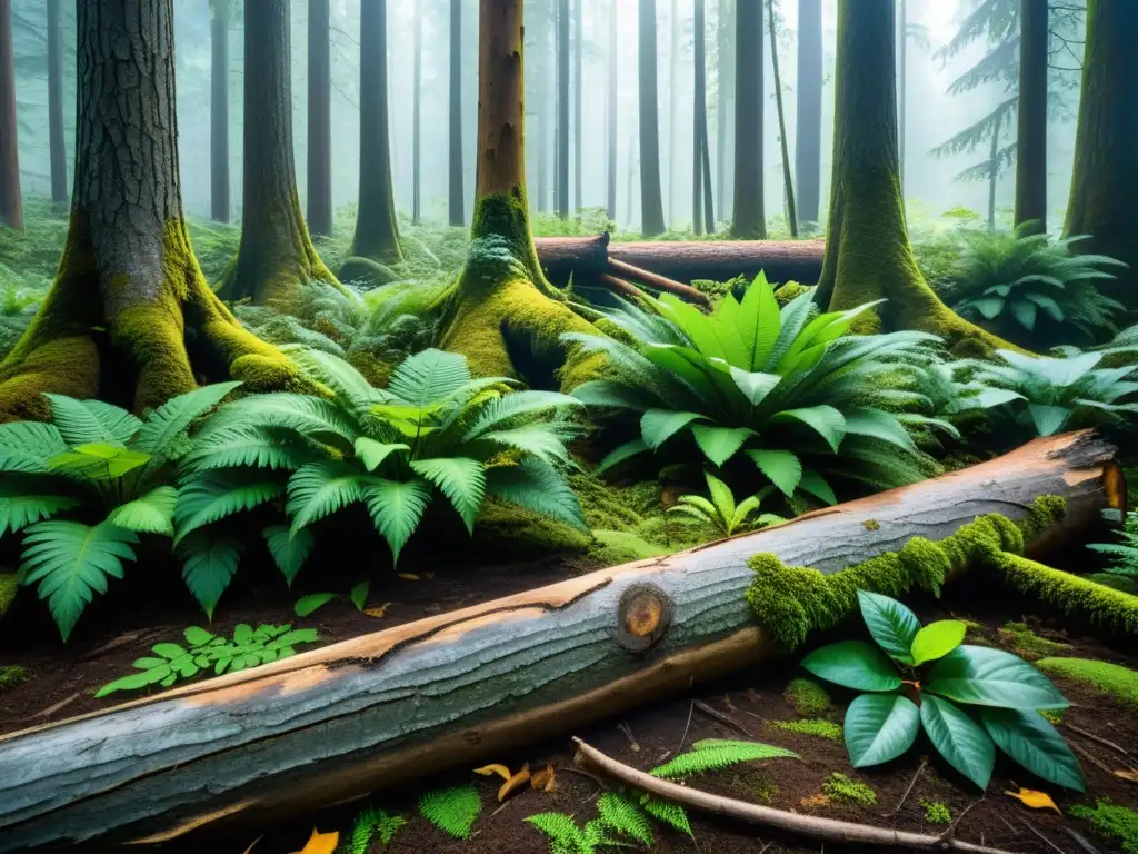 Detalle de un vibrante ecosistema en el suelo del bosque, mostrando la interconexión de especies