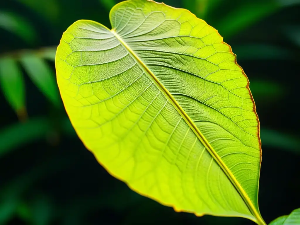 Detalle vibrante de hoja verde en bosque tropical, con insectos herbívoros tropicales, biodiversidad y belleza natural