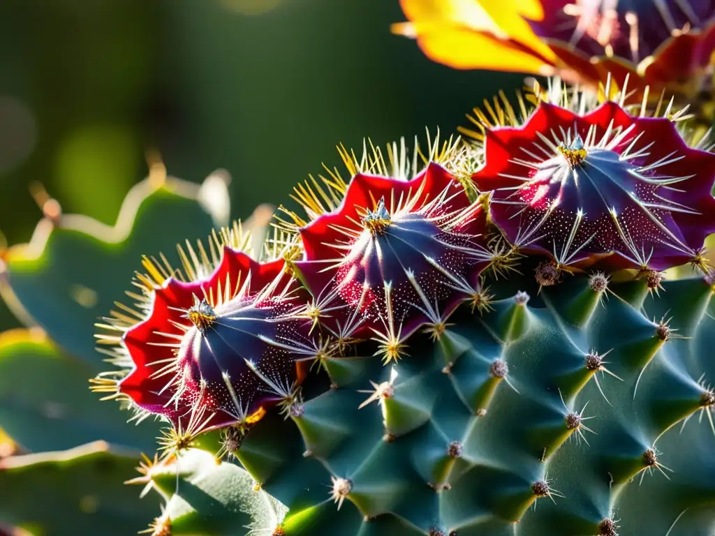 Detalle vibrante de insectos cochinilla en nopal, bañados por cálida luz matutina