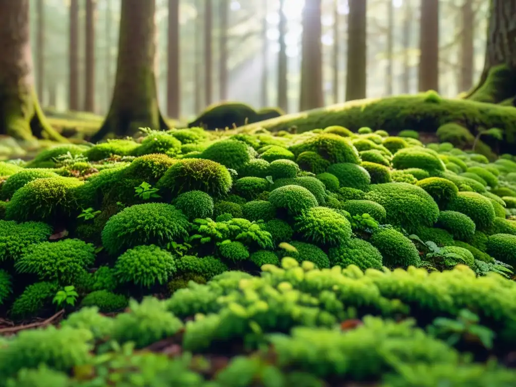 Detalle vibrante del suelo del bosque cubierto de musgo verde, resaltando la restauración de flora endémica ecosistema