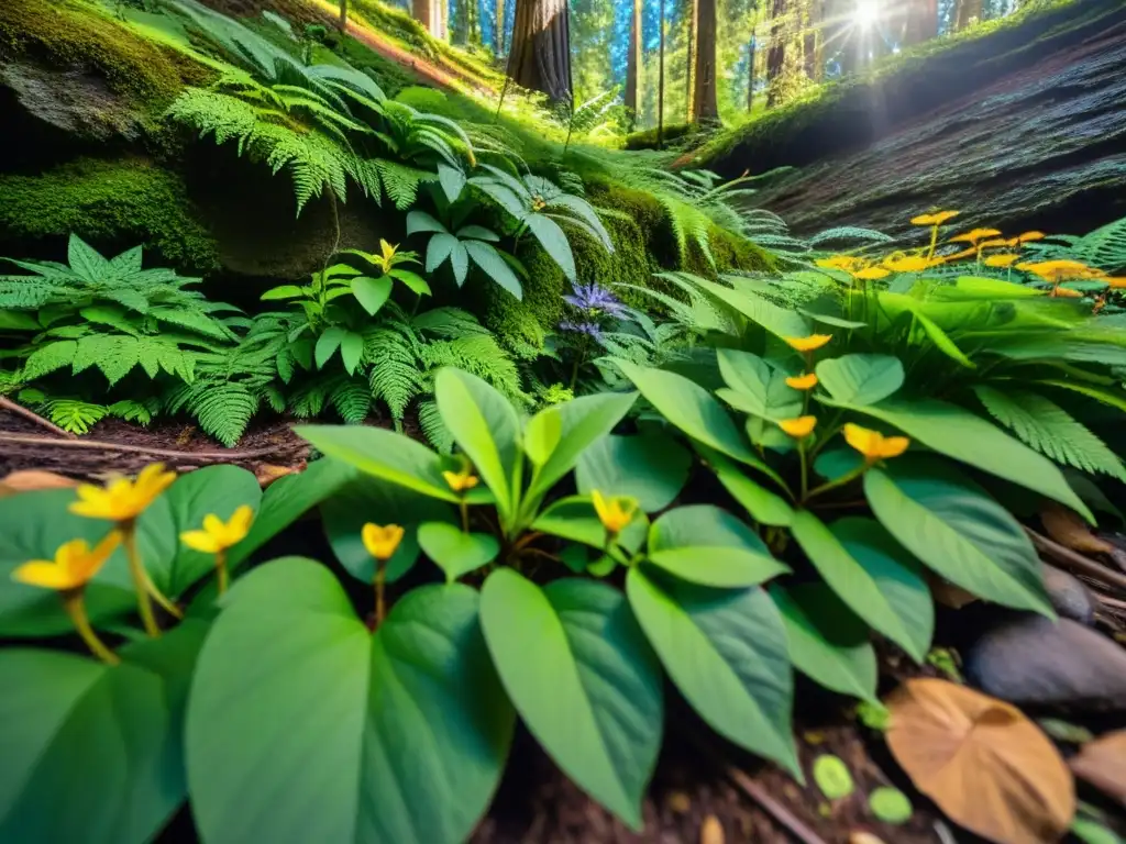 Detalle vibrante del suelo del bosque, con flora, fauna y luz solar filtrada