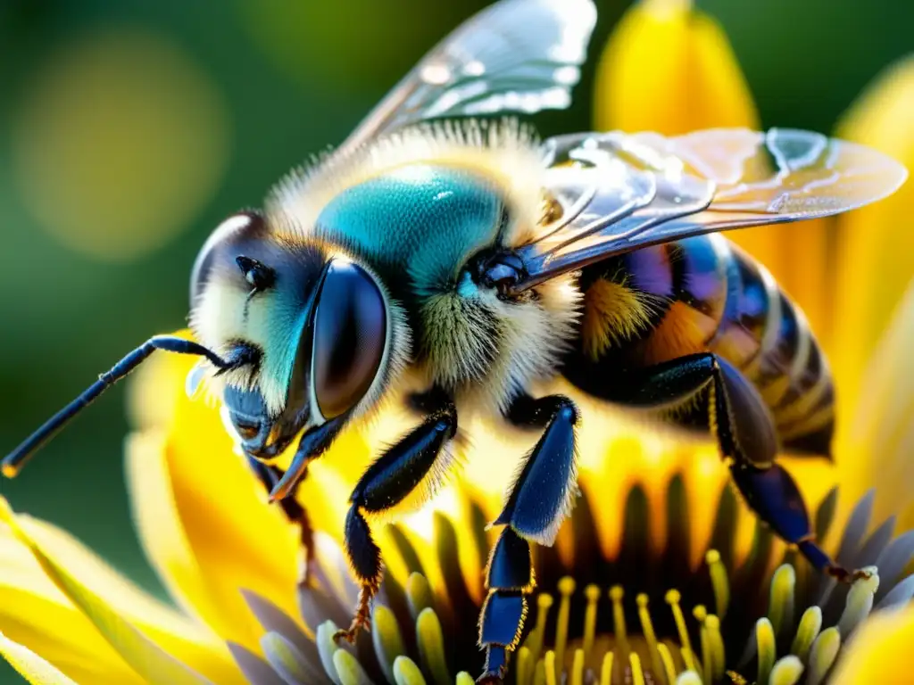 Detalles de una abeja cubierta de polen, recolectando néctar en un jardín vibrante