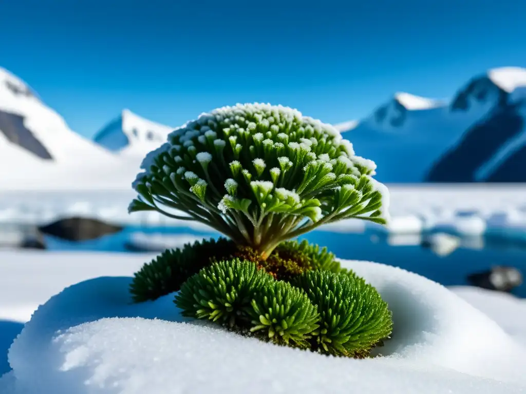 Detalles de musgo Antártida, hojas verdes cubiertas de hielo, entorno nevado y cielo azul, muestra la interacción plantas Antártida fauna