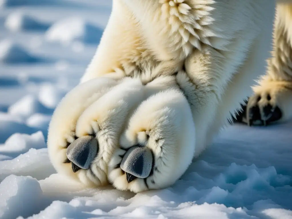 Detalles asombrosos de las almohadillas de la pata de un oso polar, mostrando su adaptación a la fauna polar y las estrategias de supervivencia