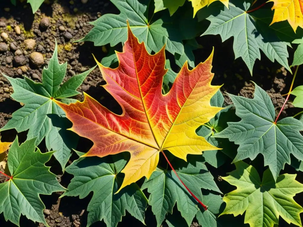 Detalles fenología ecosistemas mediterráneos otoño: hoja de arce roja y dorada en un bosque verde con juegos de luz y color