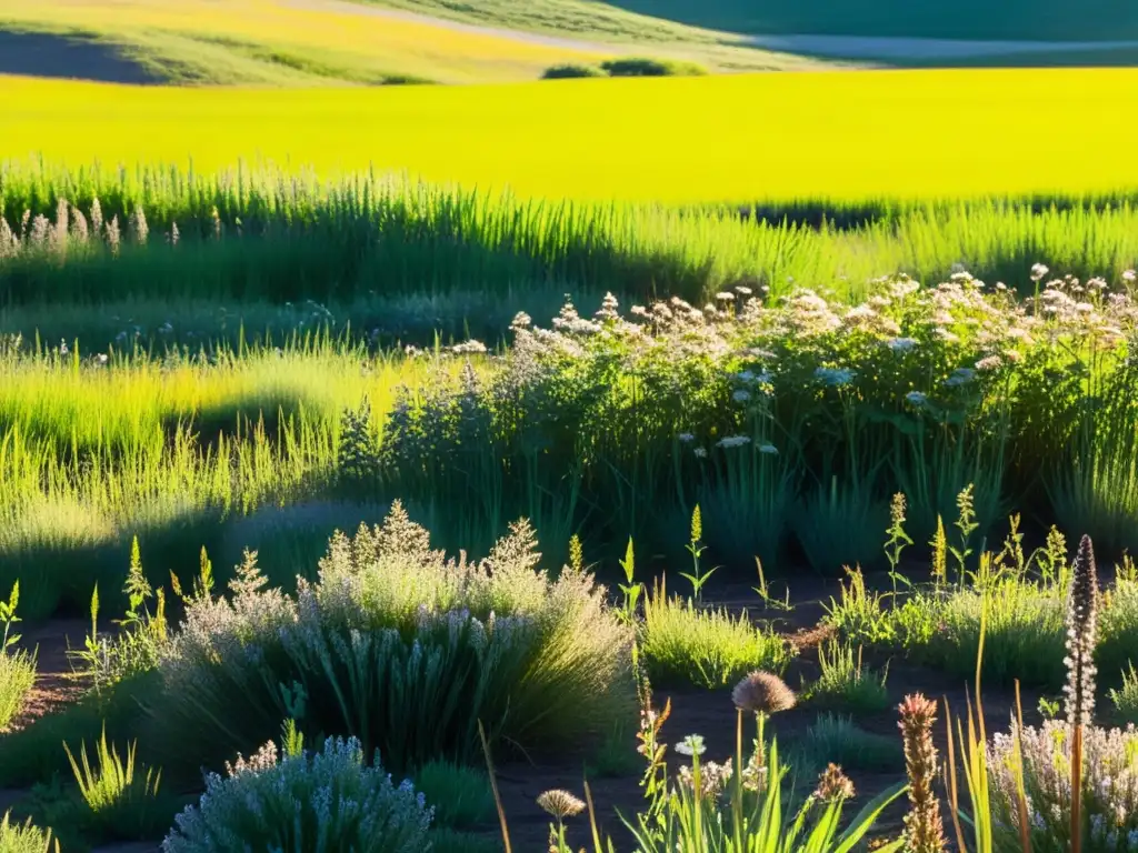 Detalles exquisitos del amensalismo en praderas: plantas altas proyectando sombras sobre las más pequeñas, creando una red de vida única