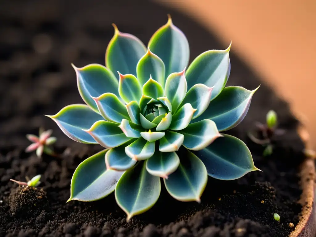 Detalles de una hoja suculenta con raíces emergentes en tierra bien drenada