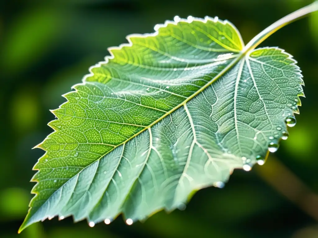 Detalles de una hoja verde con adaptación fotosintética al cambio climático, reflejando luz y gotas de agua en un bosque iluminado por el sol