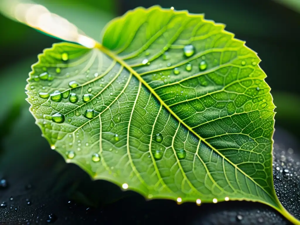 Detalles de una hoja verde vibrante, iluminada por el sol, con patrones y texturas únicos