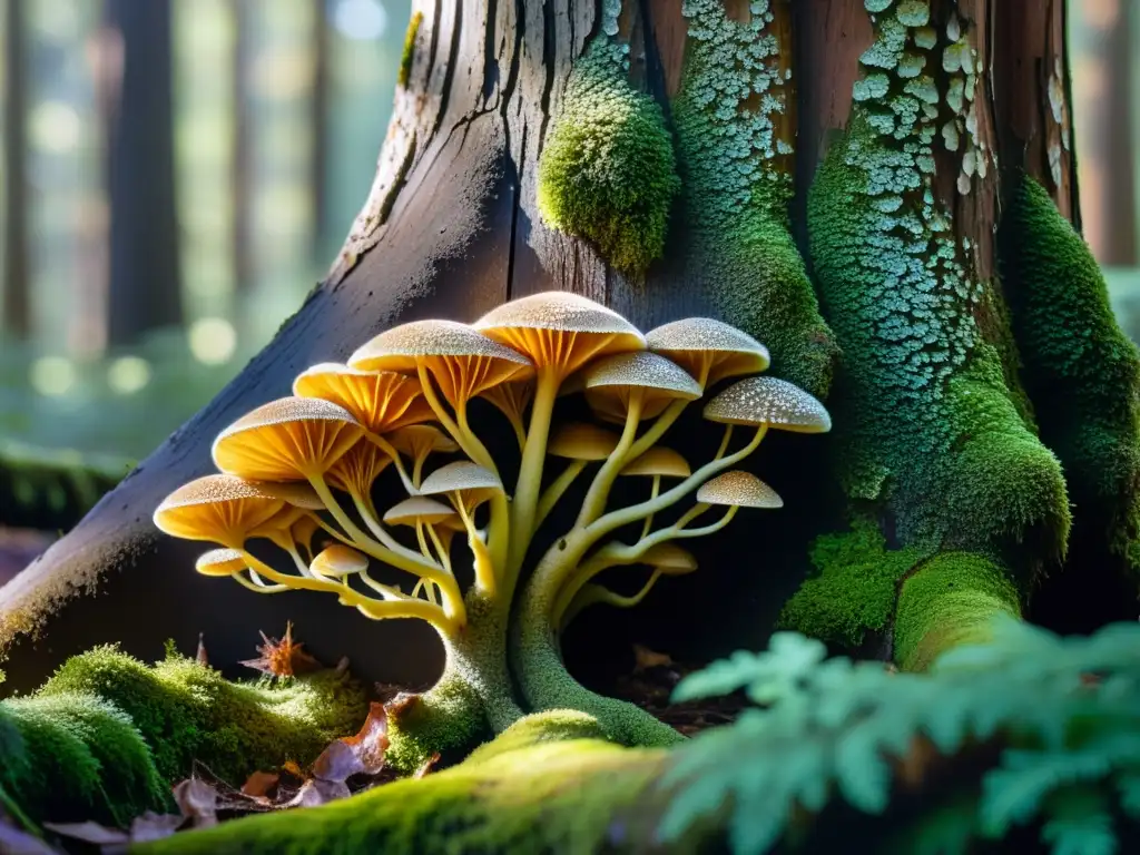 Detalles de hongos parásitos en un árbol cubierto de musgo en un bosque templado