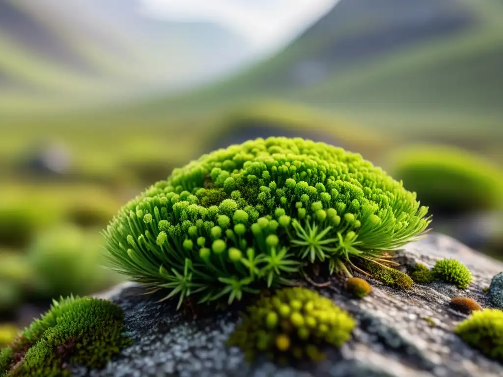 Detalles intrincados de musgo en roca en paisaje desolado, mostrando colonización de ecosistemas por especies pioneras