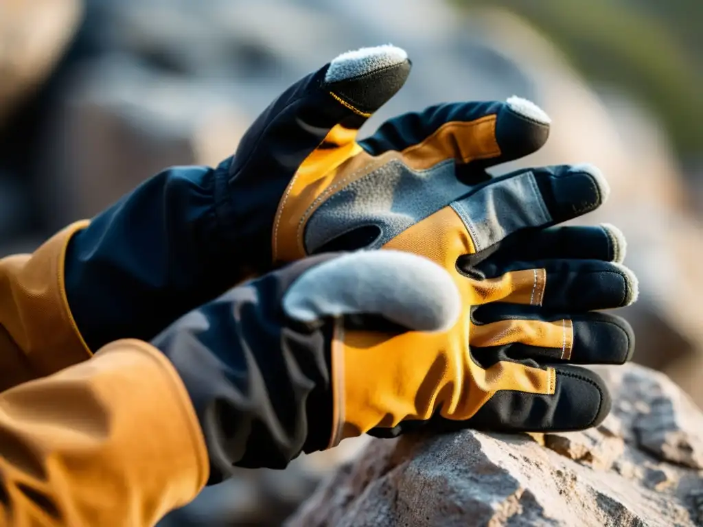 Detalles de los mejores guantes escalada ecosistemas rocosos, resaltando resistencia y flexibilidad en un entorno rocoso con huellas de tiza