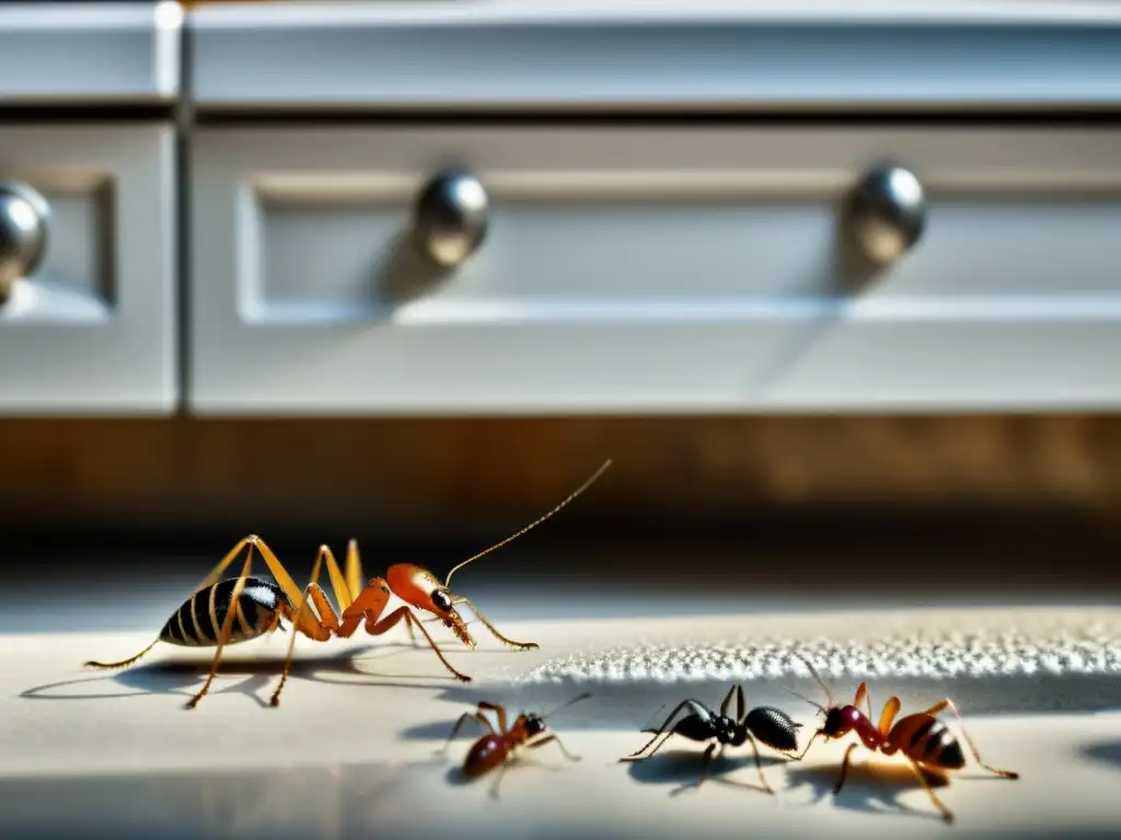 Detalles de plagas domésticas como hormigas, cucarachas y arañas en una encimera de cocina