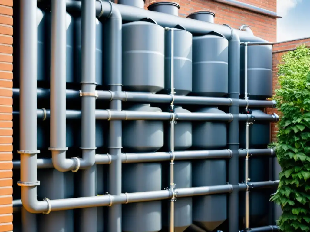 Sistema de captación de lluvia: eficiencia moderna Detalles de un sistema moderno de aprovechamiento de aguas pluviales en edificio, capturando la esencia de la sostenibilidad y eficiencia