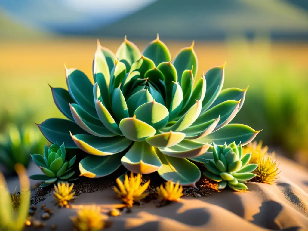 Detalles de una suculenta verde en la sabana, resaltando la importancia de la flora en sabanas