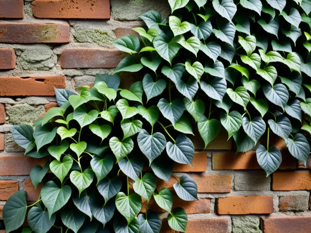 Detalles vibrantes de plantas trepadoras para espacios verdes en una pared de ladrillo rústico