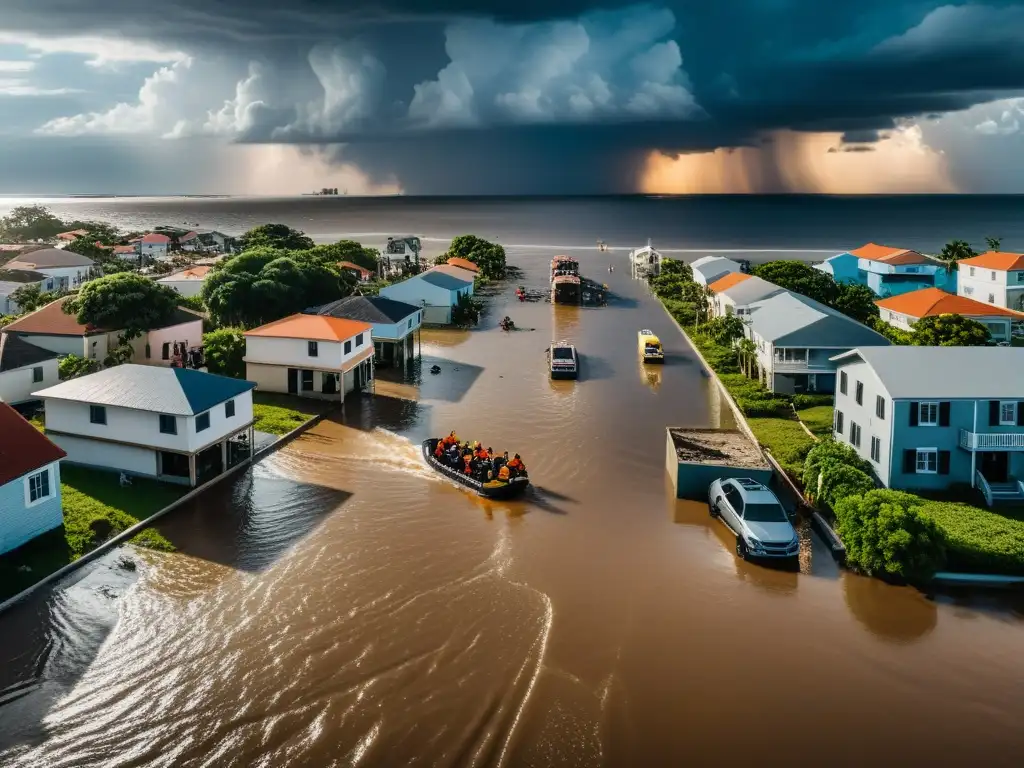 Devastación en una ciudad costera por desastre natural, rescates y cielo dramático