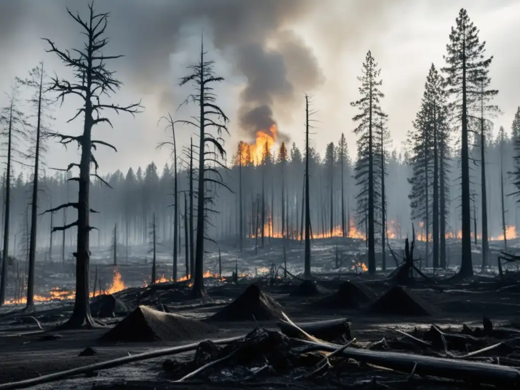 Devastador paisaje de un bosque carbonizado por un incendio forestal