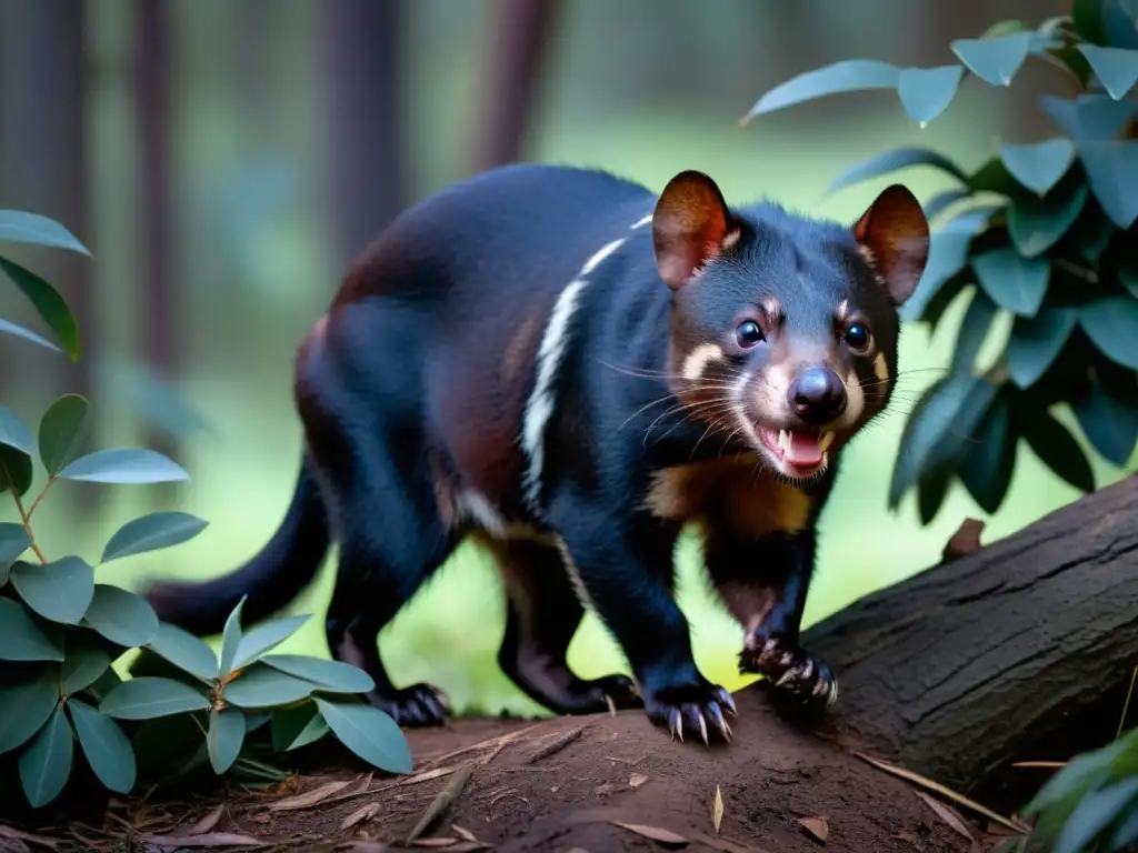 Un diablo de Tasmania emerge cautelosamente de la densa maleza de un bosque de eucaliptos al atardecer, exudando misterio y belleza salvaje