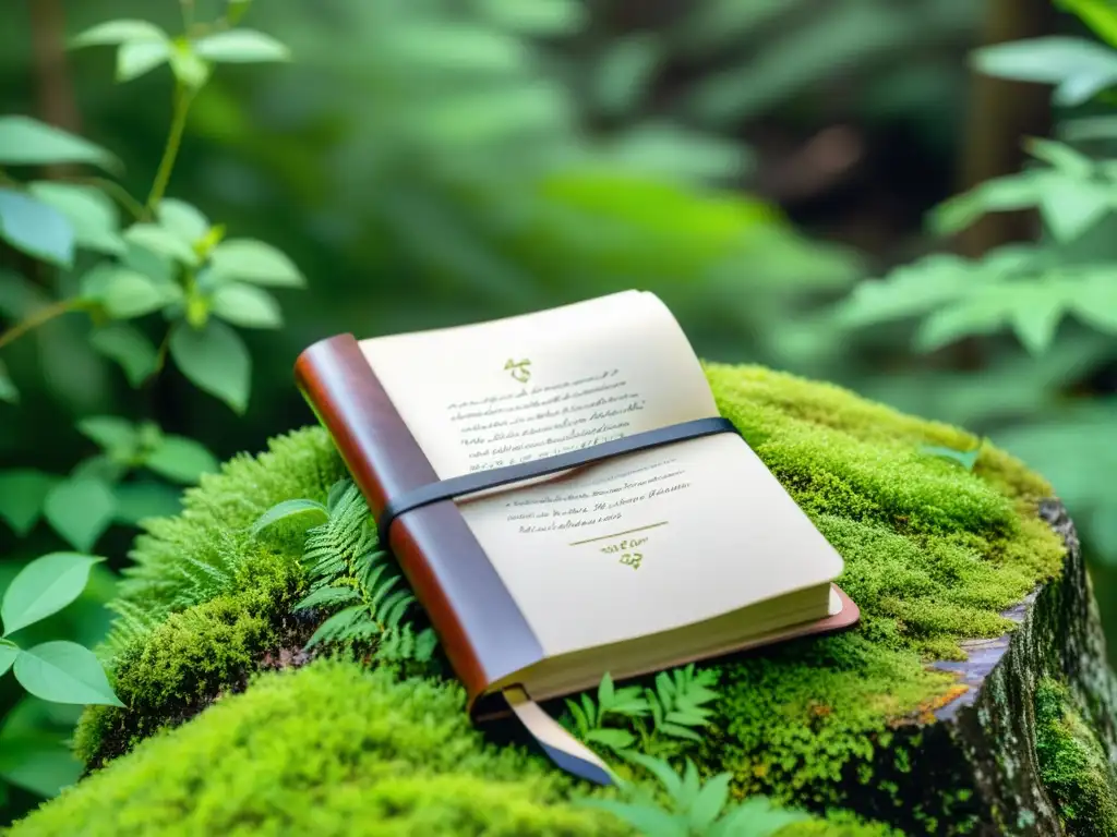 Un diario de cuero artesanal abierto en un bosque exuberante, con material de escritura ecológico para aventuras