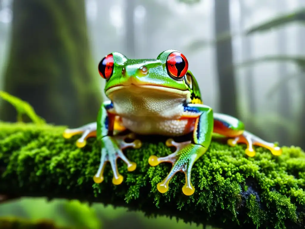 Un diminuto árbol rana verde se aferra a una rama cubierta de musgo en un bosque nublado, creando una atmósfera de misterio y biodiversidad