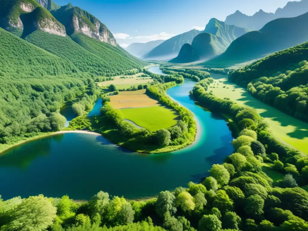 Dinámica de ecosistemas fluviales: Un río serpenteante fluye entre montañas, reflejando la exuberante vegetación y el cielo azul