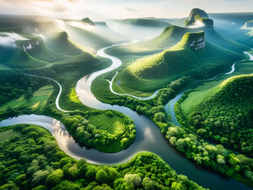 Dinámica de ecosistemas fluviales: Un valle exuberante con río serpenteante, cascadas y vida silvestre en detalle 8k
