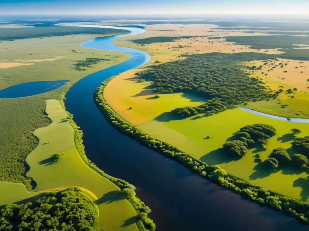 Dinámicas de nutrientes en sabanas: impresionante paisaje savánico con ríos, pastizales y bosques, bañados por cálida luz solar