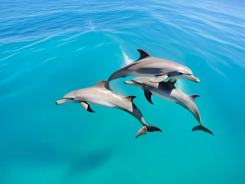 Dinamismo de la fauna mediterránea: Pod de delfines saltando graciosamente en aguas cristalinas y azules, con la costa rocosa de fondo