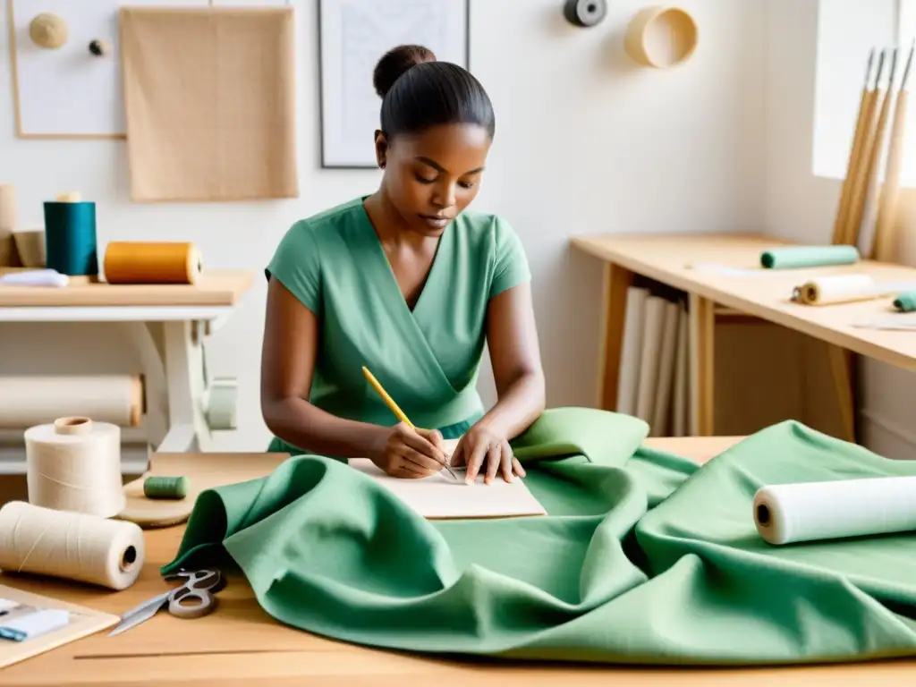 Un diseñador de moda sostenible confecciona una prenda con materiales orgánicos en un estudio luminoso