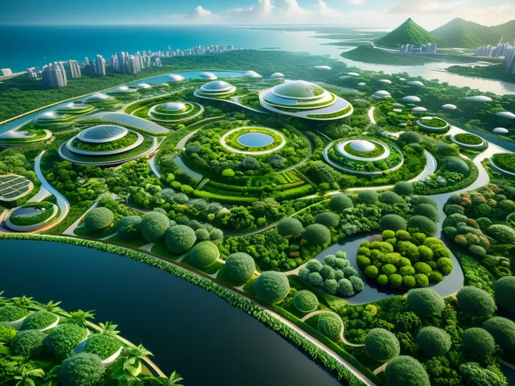 Diseño de ecosistemas para resistir: Una ciudad futurista sostenible entre exuberante vegetación, integrando arquitectura ecoamigable