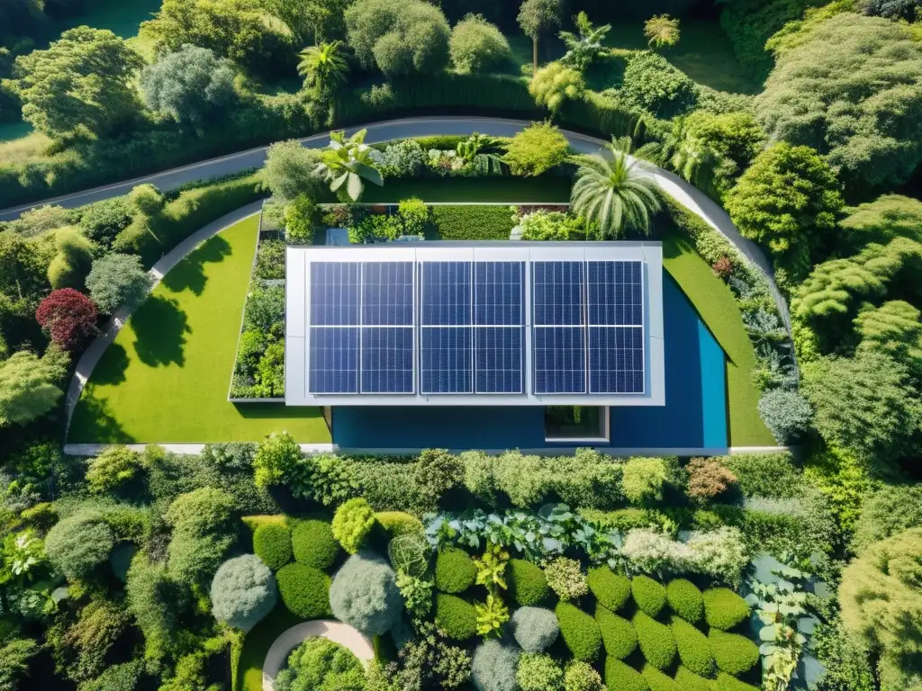 Diseño de edificios sostenibles: Moderno edificio sostenible rodeado de naturaleza, con paneles solares en el techo y jardín vertical