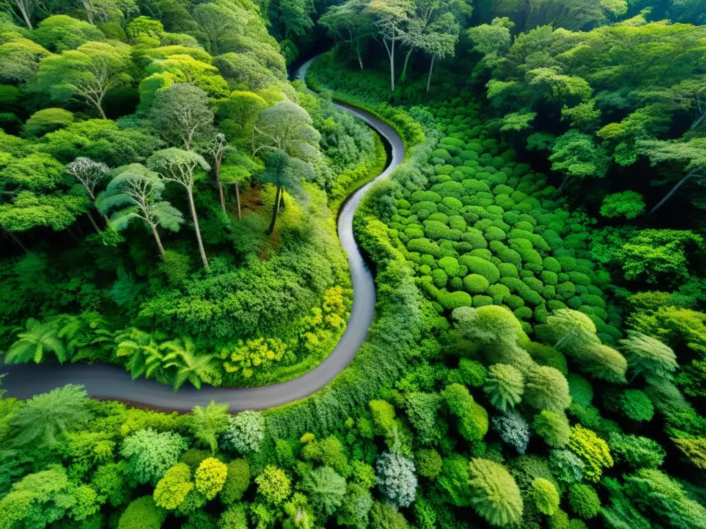 Diseño de senderos naturales integrados: Sendero serpenteante en exuberante bosque, con luz filtrándose entre árboles, arroyo y vida silvestre