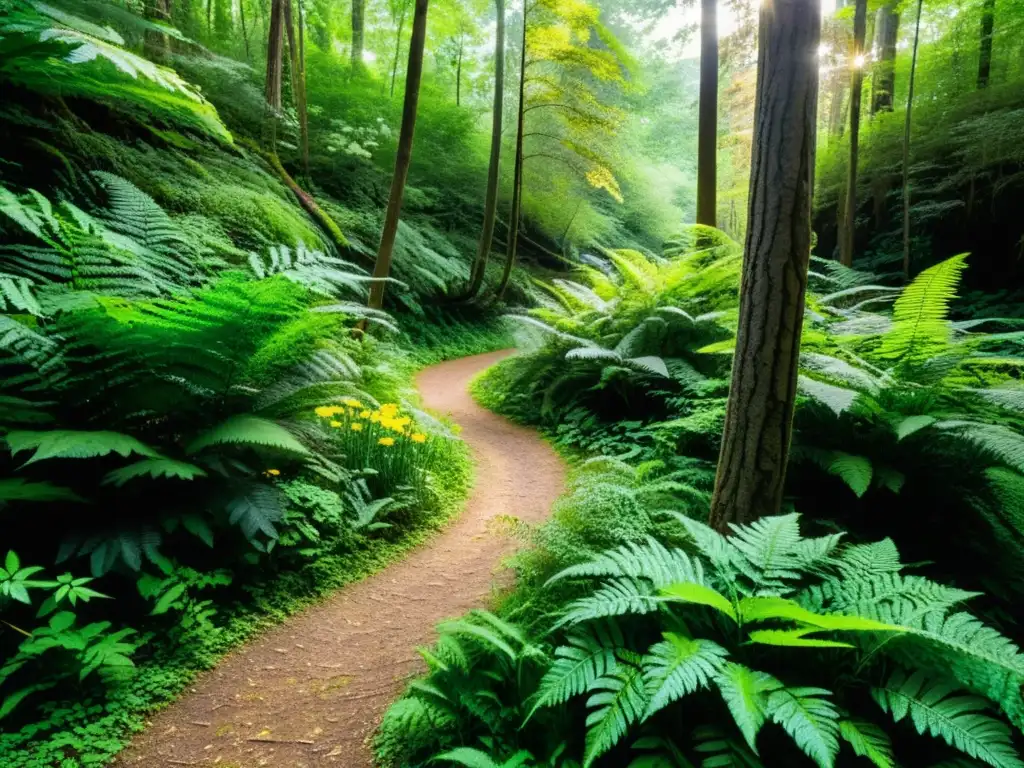 Diseño de senderos naturales integrados en un exuberante bosque, con luz solar filtrándose entre el dosel y creando un ambiente natural armonioso