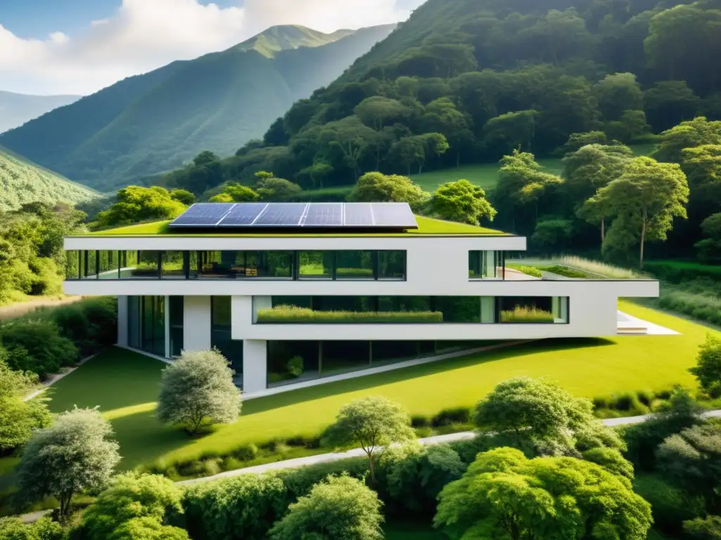 Diseño sostenible para arquitectos: Edificio moderno en armonía con la naturaleza, energía renovable y paisaje verde