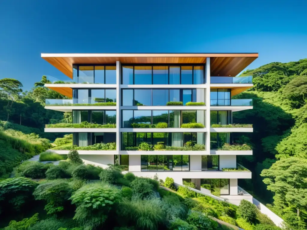 Diseño sostenible y construcción ecoresponsable: Edificio moderno rodeado de naturaleza, con paneles solares, ventanales y armonía arquitectónica-natural