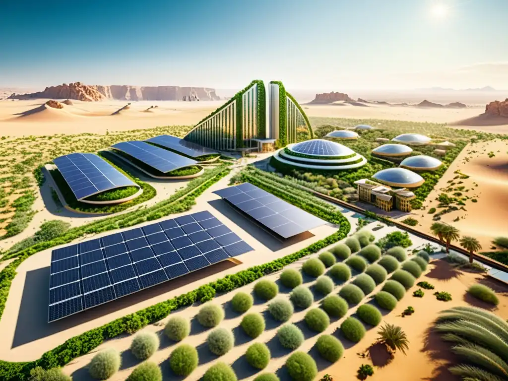 Diseño sostenible en zonas áridas: Futurista ciudad del desierto integrada con la naturaleza, tecnologías verdes y arquitectura innovadora