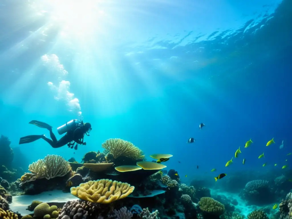 Divers explorando un arrecife de coral vibrante, con luz solar filtrándose a través del agua