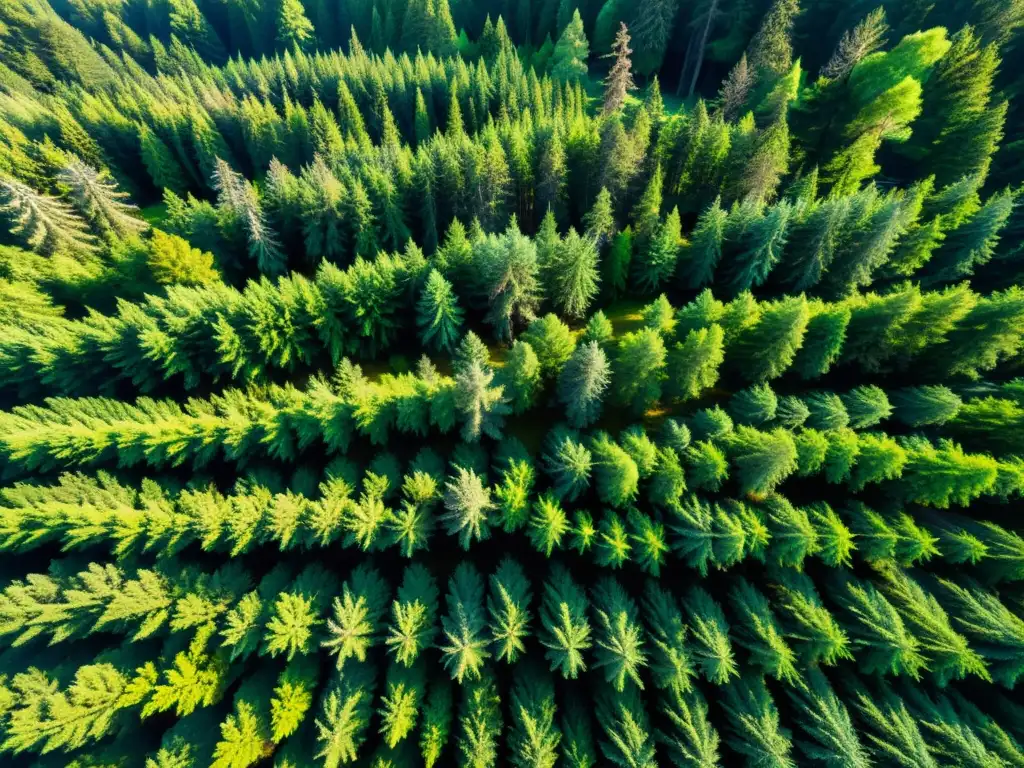 Diversidad de coníferas en ecosistemas: Majestuoso bosque de coníferas desde la altura, con rayos de sol entre el denso dosel verde