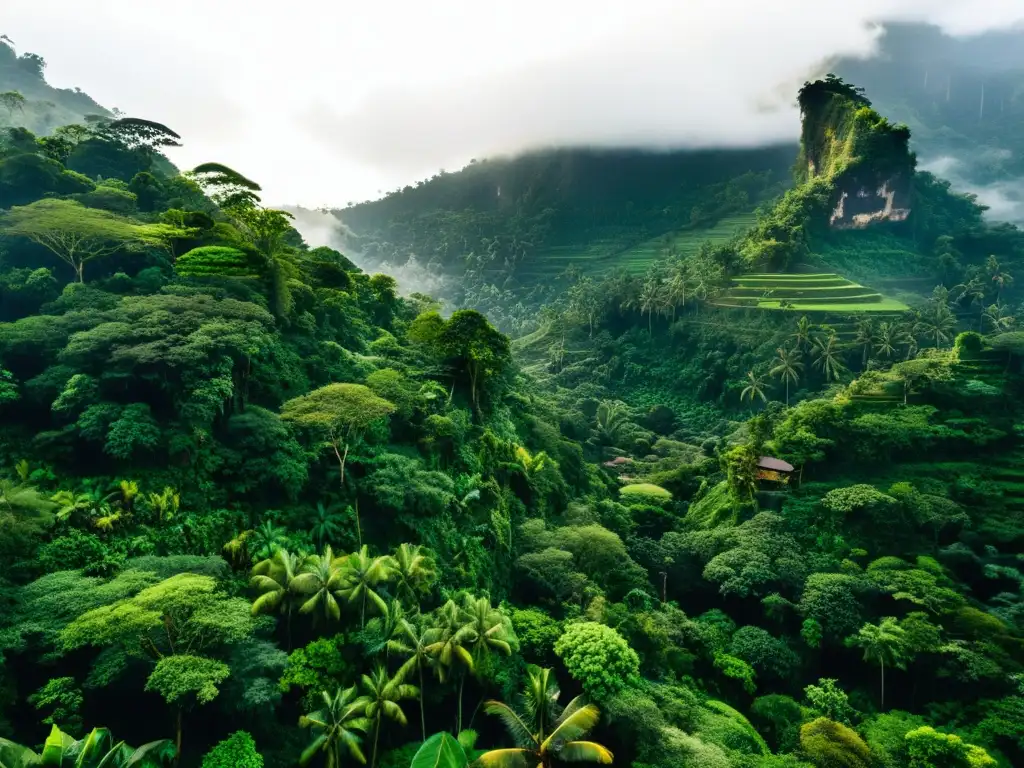 Diversidad ecológica en Bali: exuberante selva tropical llena de vida animal y vegetal, con un follaje verde vibrante y diverso