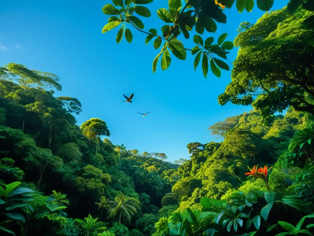 Diversidad ecológica en Islas de la Bahía: exuberante selva tropical con flora, fauna variada y cielo azul brillante