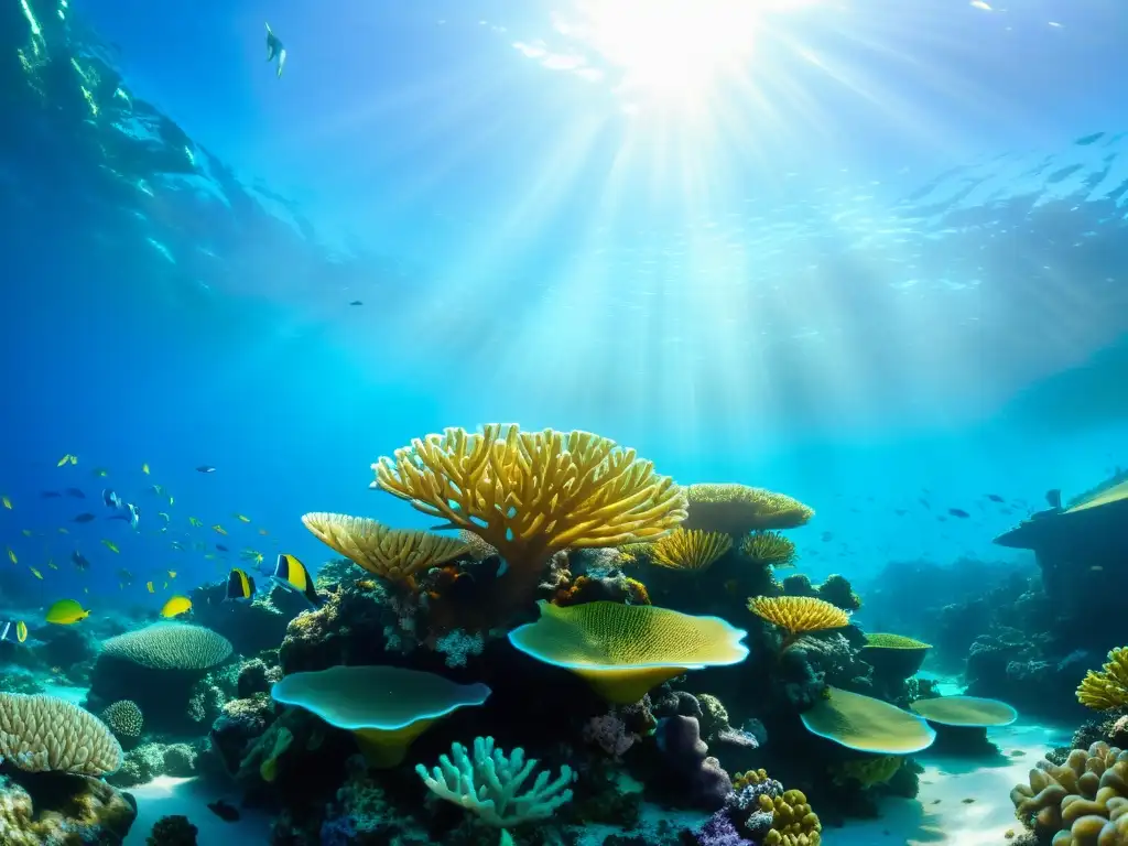 Diversidad ecológica en Islas de la Bahía: un vibrante arrecife de coral con peces y vida marina colorida, bajo aguas turquesas cristalinas