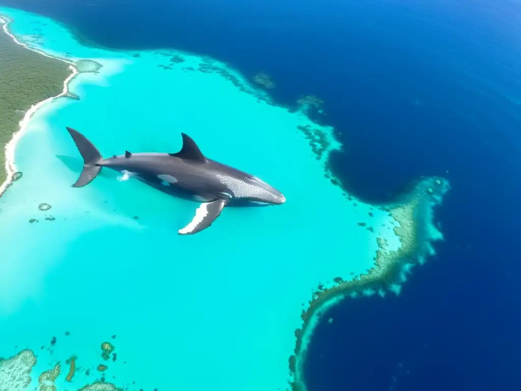 Diversidad del ecosistema marino Golfo México: Imagen aérea de la vida marina vibrante con arrecifes de coral, peces coloridos y majestuosa ballena jorobada en aguas turquesas cristalinas