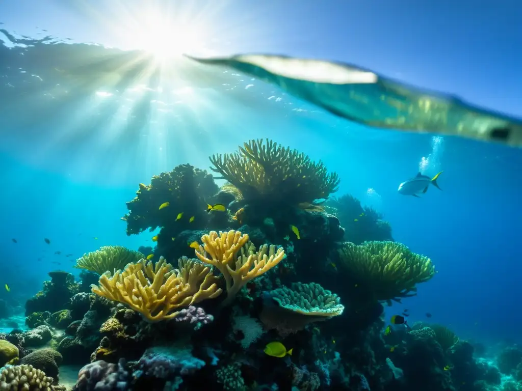 Diversidad del ecosistema marino Caribe: Imagen documental de un vibrante arrecife de coral en el mar Caribe, con peces coloridos y formaciones de coral, bañados por la luz solar