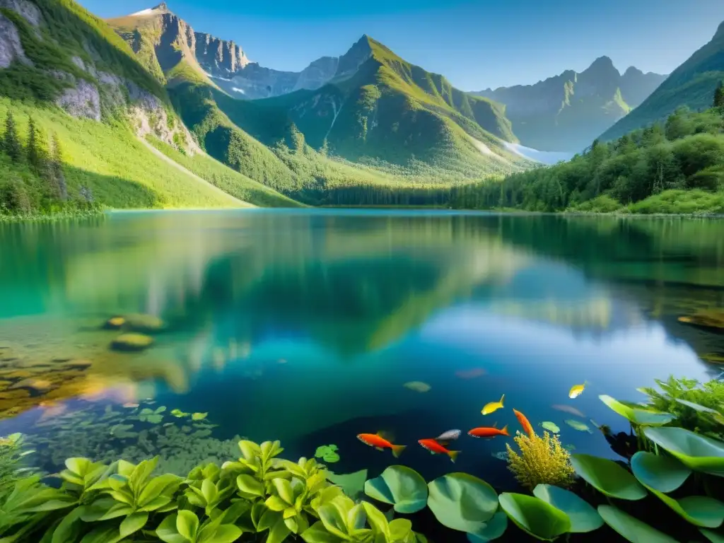 Diversidad de ecosistemas en cuenca lacustre: imagen de lago prístino, vegetación exuberante y biodiversidad acuática