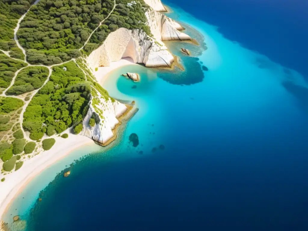 Diversidad de ecosistemas en Islas Griegas: impresionante imagen aérea de exuberante vegetación junto al mar azul del mar Egeo